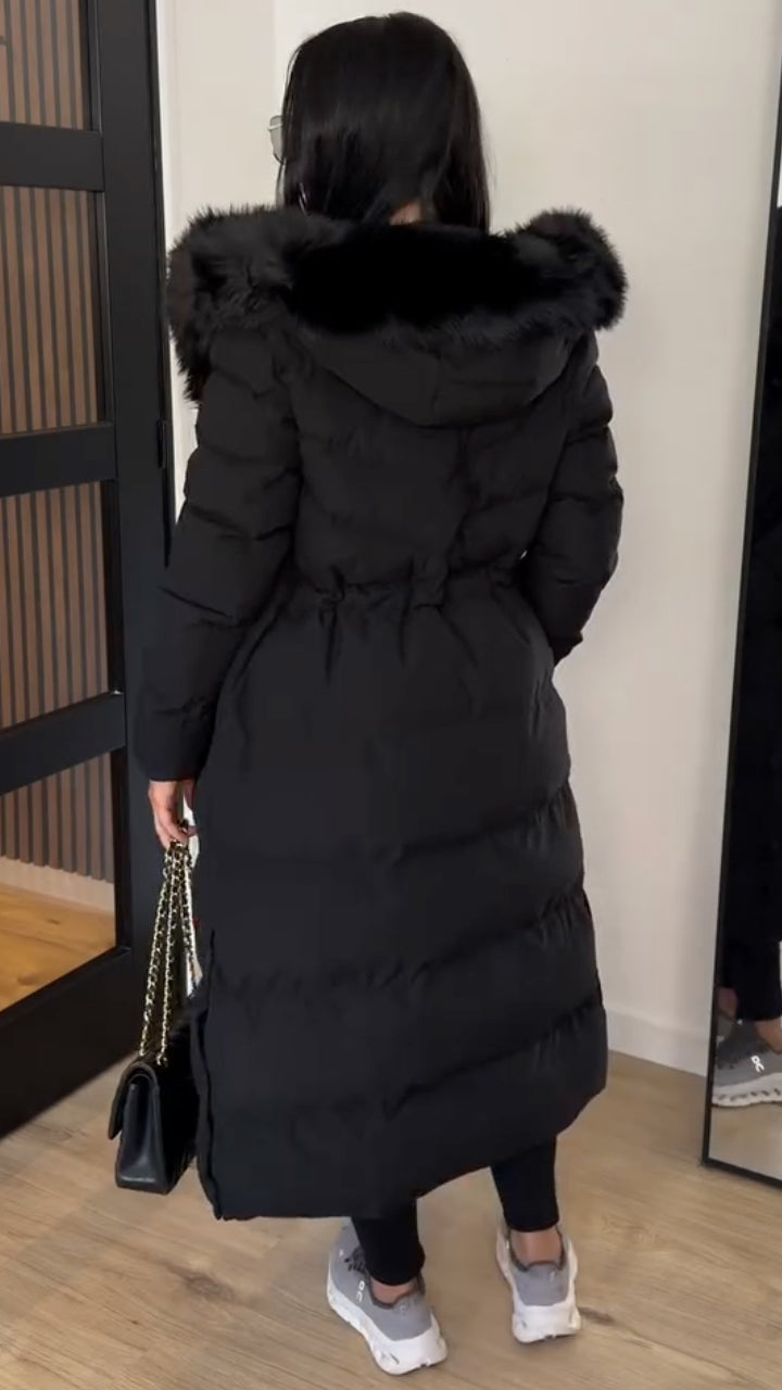Black Plush-Collar Longline Puffer Coat