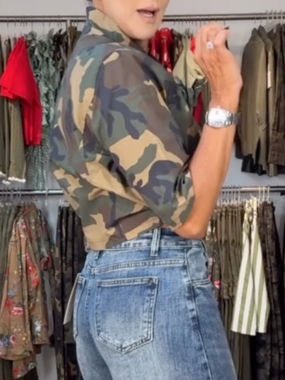 Camouflage Stand-Collar Cropped Jacket