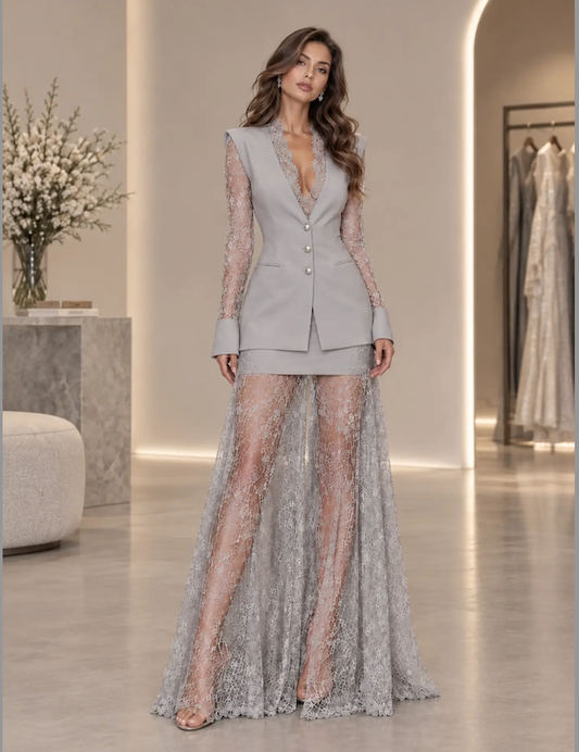 Tailored Lace Blazer Maxi Dress Set