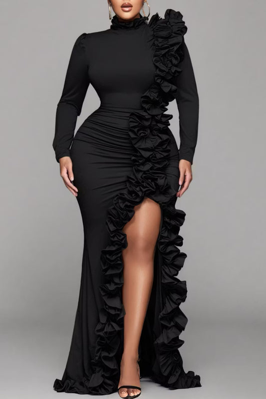 Black High-Neck Cascading-Ruffle Slit Gown