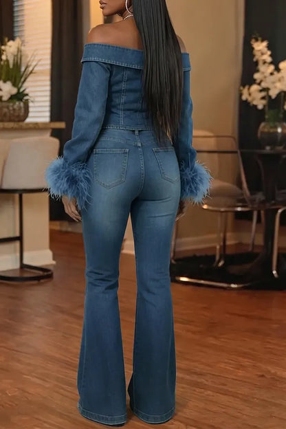 Off-Shoulder Stud-Trim Feather-Cuff Denim Top & Flared Pants Set