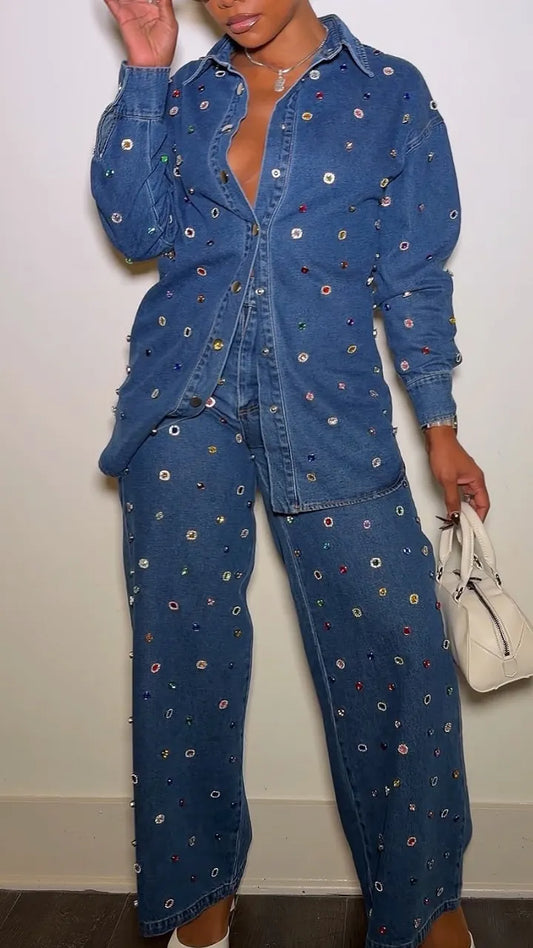 Multicolor Crystal-Style Denim Shirt & Wide-Leg Pants Set