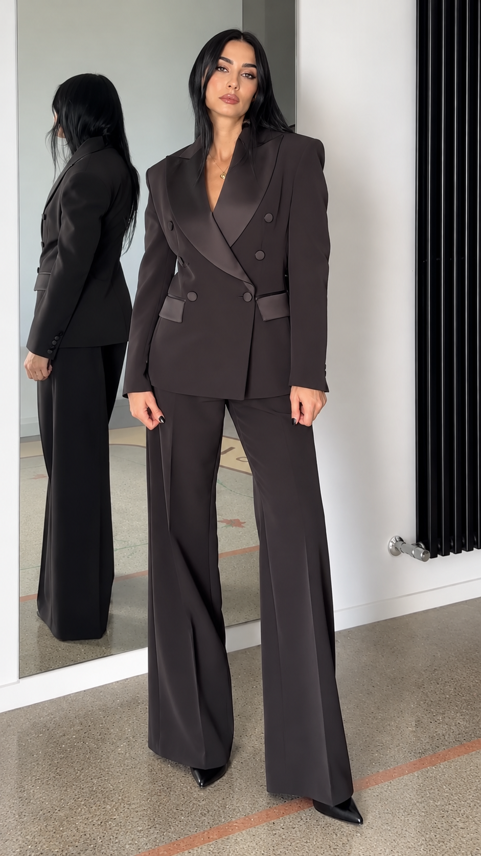 Charcoal Contrast-Lapel Double-Breasted Pants Suit