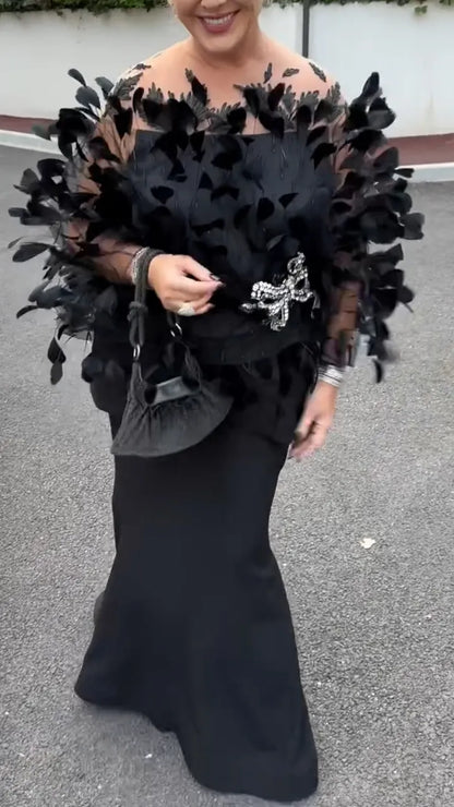 Black Dimensional Floral Sheer-Sleeve Maxi Dress