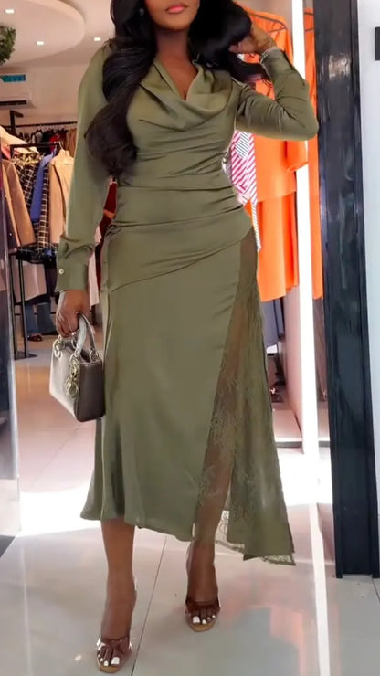 Olive Cowl-Neck Draped Lace-Insert Midi Dress