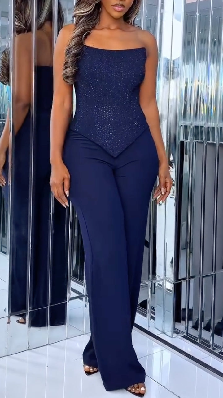 Navy Sparkle Point-Hem Top Pants and Long Cape Set