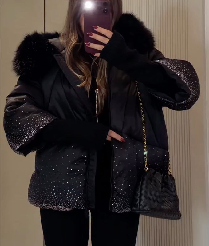 Black Sparkle-Detail Padded Jacket with Plush Collar
