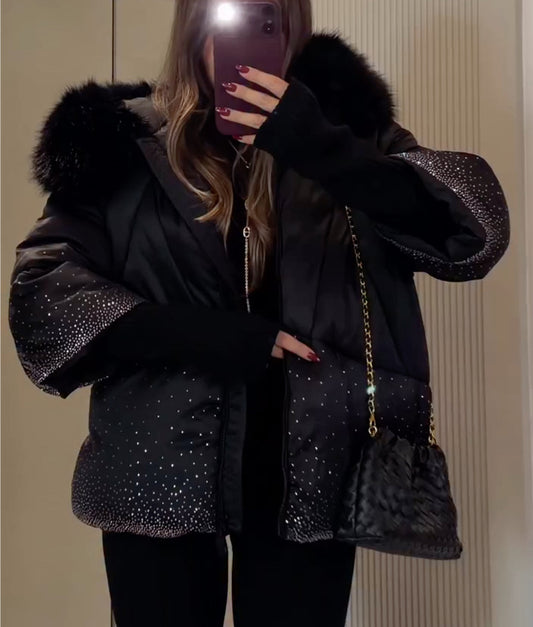 Black Sparkle-Detail Padded Jacket with Plush Collar