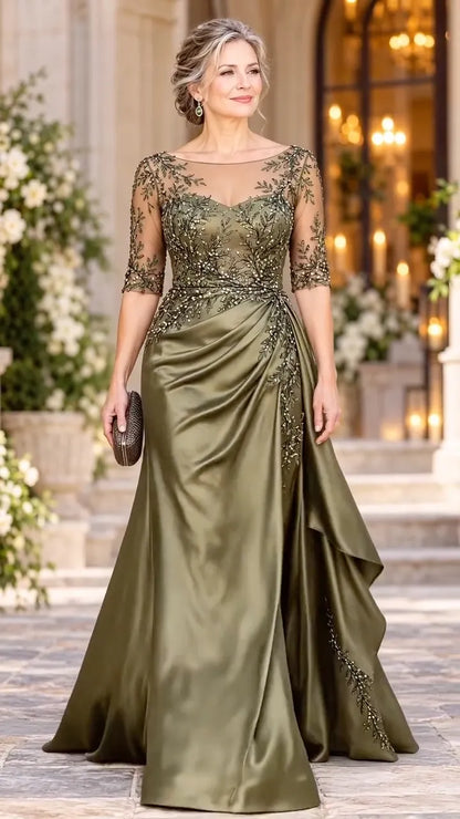 Olive Botanical-Embellished Draped Evening Gown
