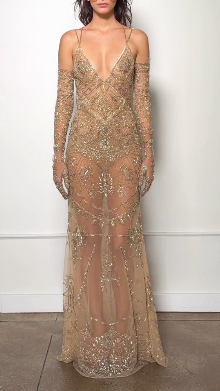 Gold Ornate-Beaded Plunging Sheer Maxi Gown