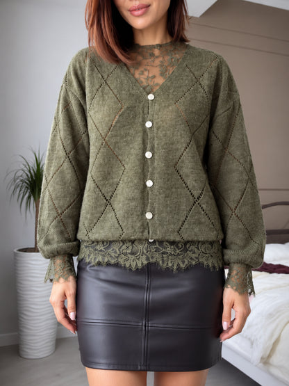 Olive Lace-Detail Diamond-Openwork Knit Cardigan