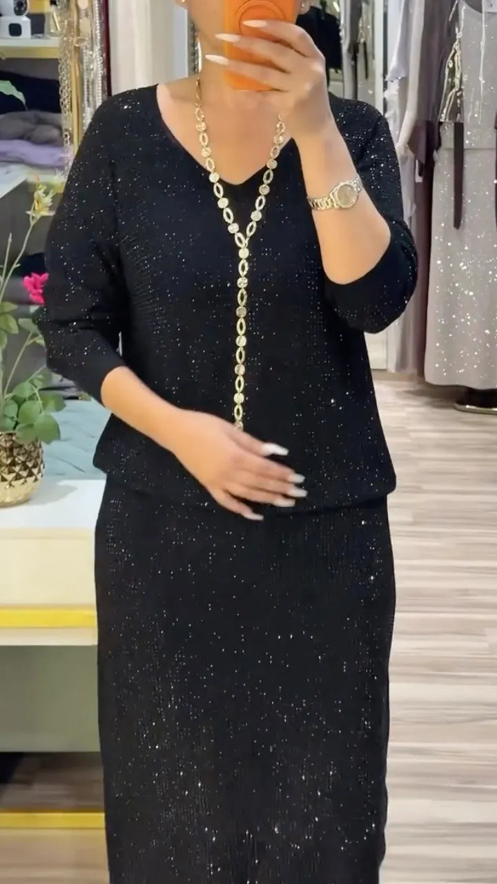 Black Shimmer V-Neck Top & Maxi Skirt Set