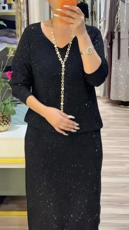 Black Shimmer V-Neck Top & Maxi Skirt Set