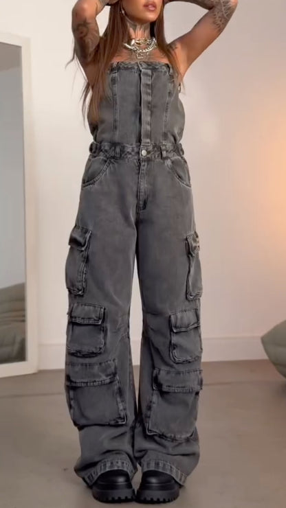 Light-Wash Strapless Cargo Denim Jumpsuit