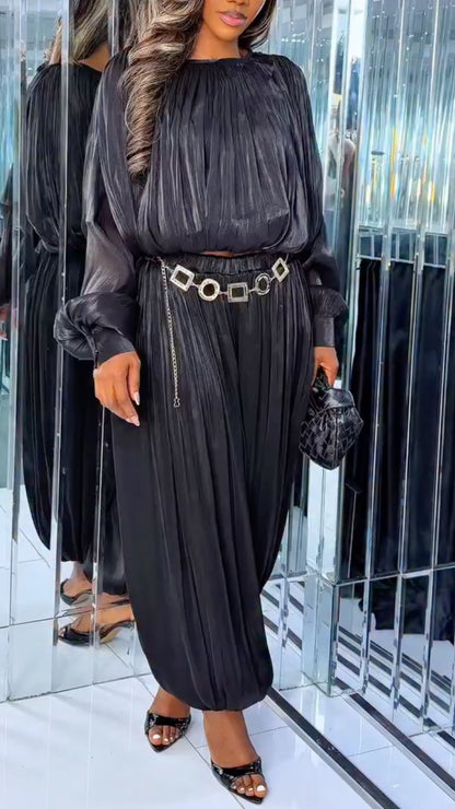 Black Crinkle-Texture Blouson Top and Balloon Maxi Skirt Set
