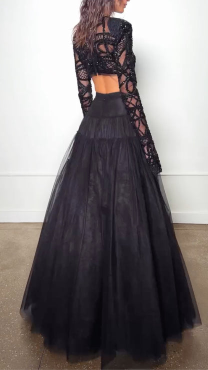 Black Geometric Sheer Crop Top and Tiered Maxi Skirt Set