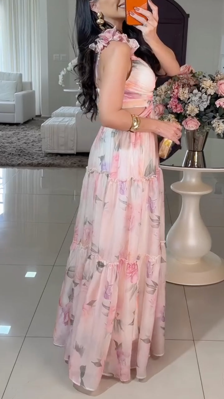 Floral Cutout Tiered Chiffon Maxi Dress
