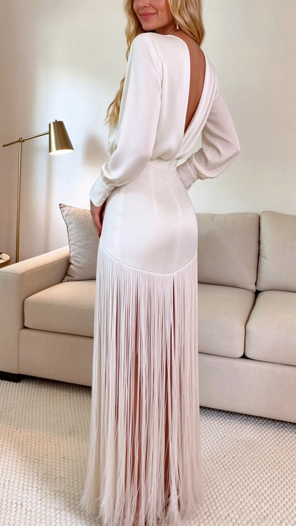 Ivory Wrap-Neck Long-Sleeve Fringe Maxi Dress