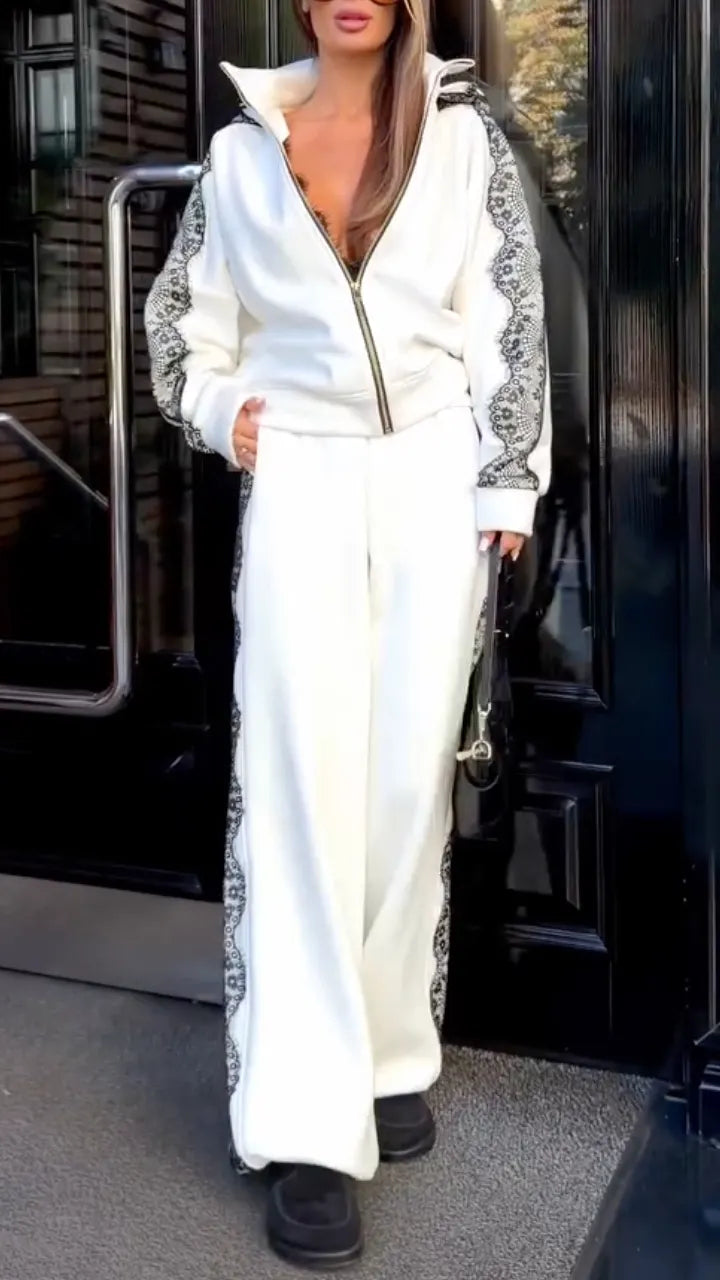 White Floral-Lace Stripe Zip Jacket & Wide-Leg Pants Set