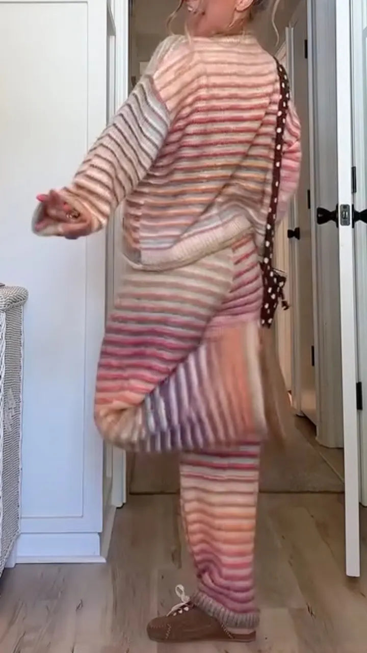 Pastel Striped Knit Cardigan & Wide-Leg Pants Set