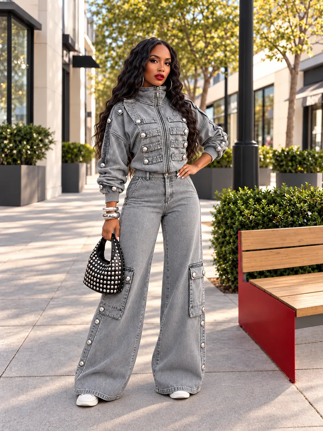Gray Military-Tab Denim Jacket and Cargo Wide-Leg Pants Set