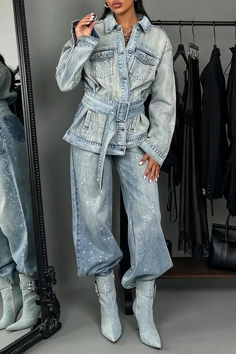 Light-Wash Sparkle Belted Denim Jacket & Relaxed Pants Set
