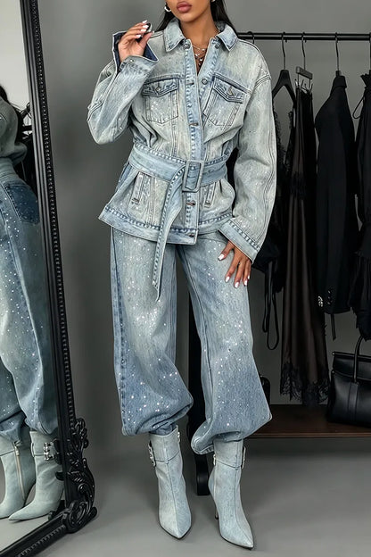 Light-Wash Sparkle Belted Denim Jacket & Relaxed Pants Set