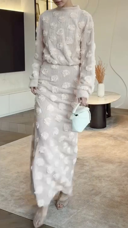 Ivory Raised-Rosette Top and Maxi Skirt Set