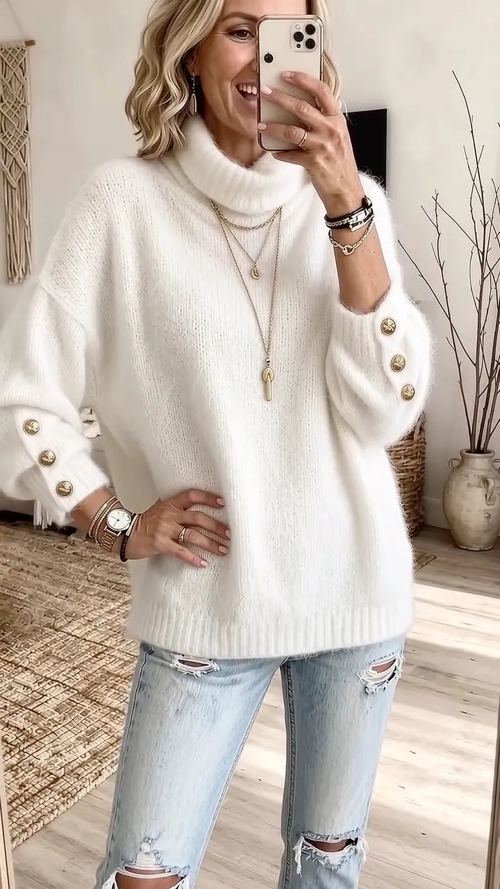 Ivory Button-Cuff Turtleneck Sweater