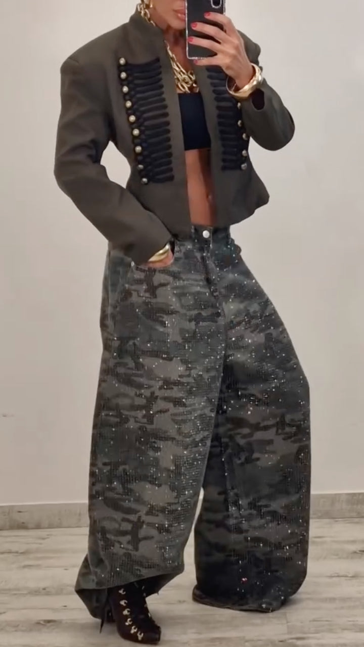 Embellished Camouflage Barrel-Leg Pants