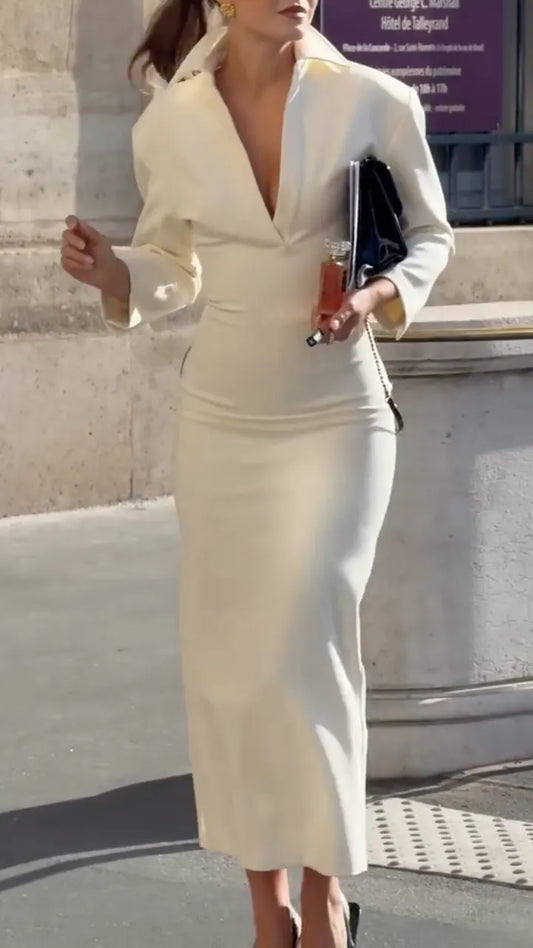Ivory Deep-V Collared Fitted Midi Dress
