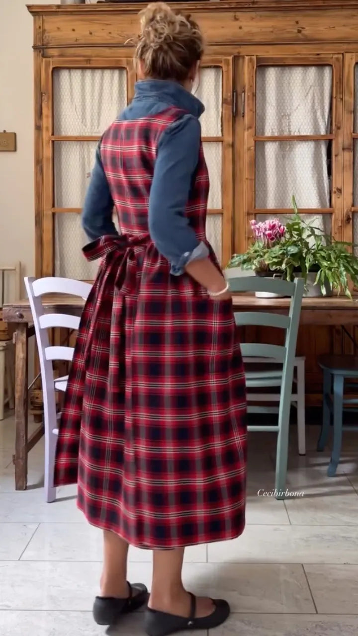 Red Plaid Pocketed Pinafore Midi Dress