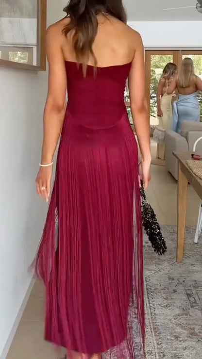 Burgundy Strapless Long-Fringe Maxi Dress