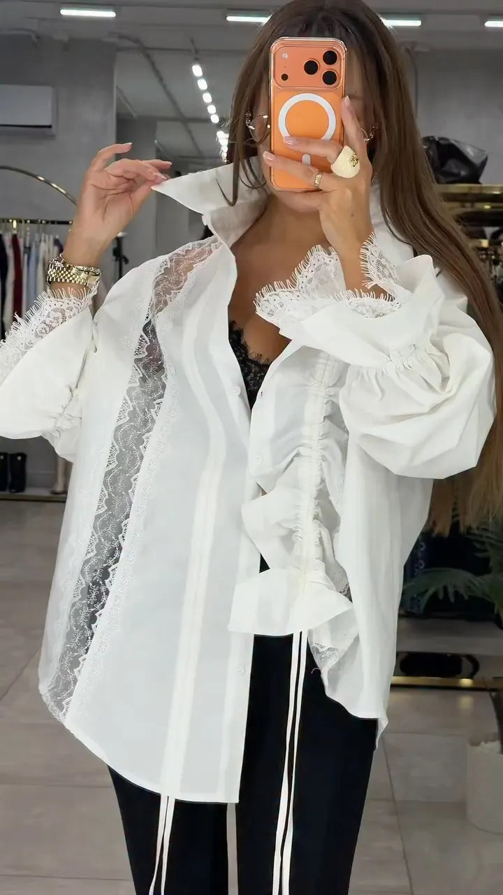 White Lace-Insert Ruched-Sleeve Oversized Shirt