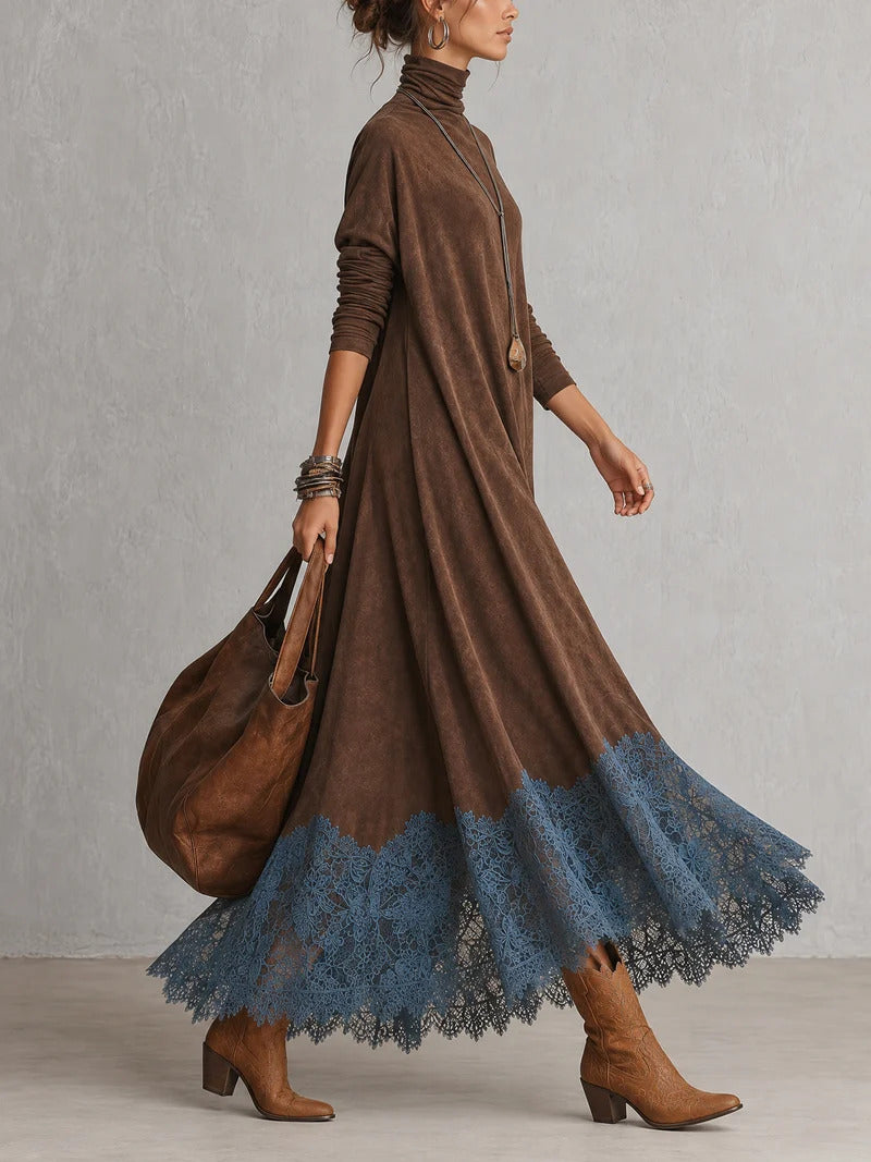 Brown Turtleneck Swing Maxi Dress with Teal Lace Hem