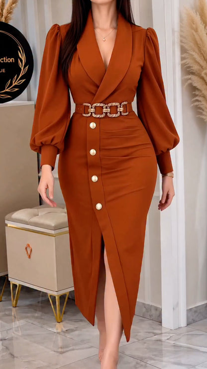 Rust Shawl-Collar Balloon-Sleeve Button Midi Dress