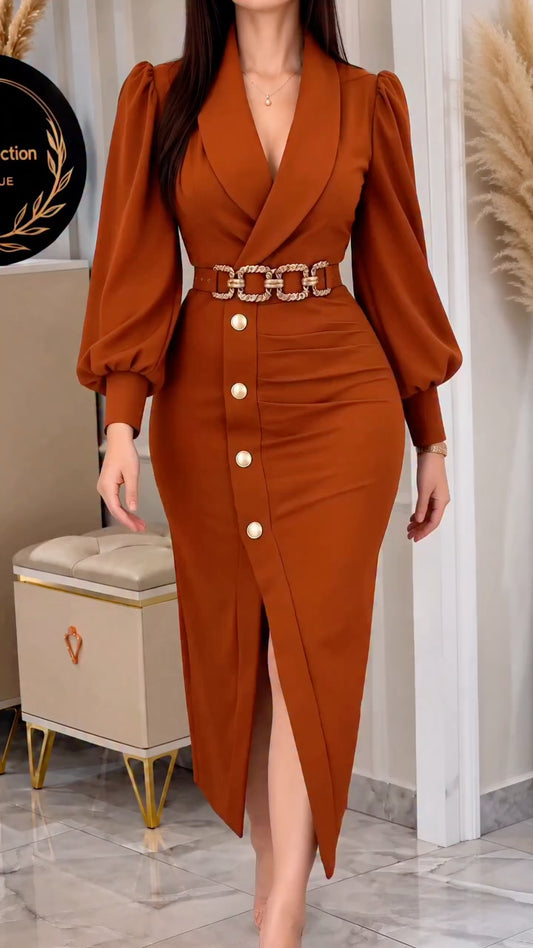 Rust Shawl-Collar Balloon-Sleeve Button Midi Dress
