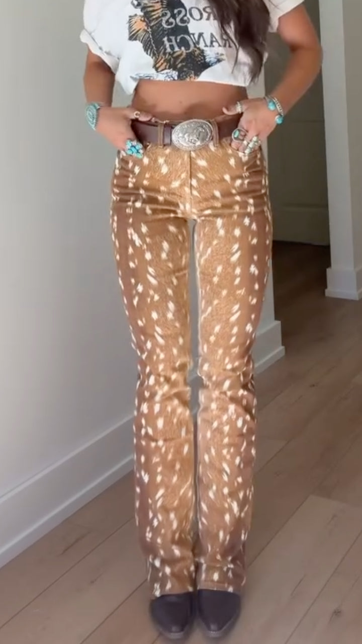 Tan Spotted-Print Flared Pants
