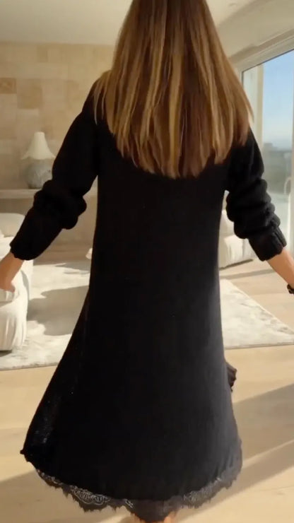 Black Asymmetric Knit Tunic & Lace-Hem Midi Skirt Set