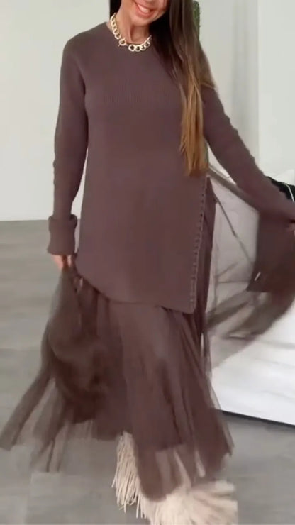 Gray Knit & Sheer Tulle-Hem Midi Dress