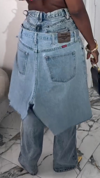 Blue Double-Waist Skirt-Overlay Jeans
