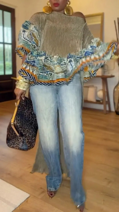 Paisley-Border Pleated Batwing Top