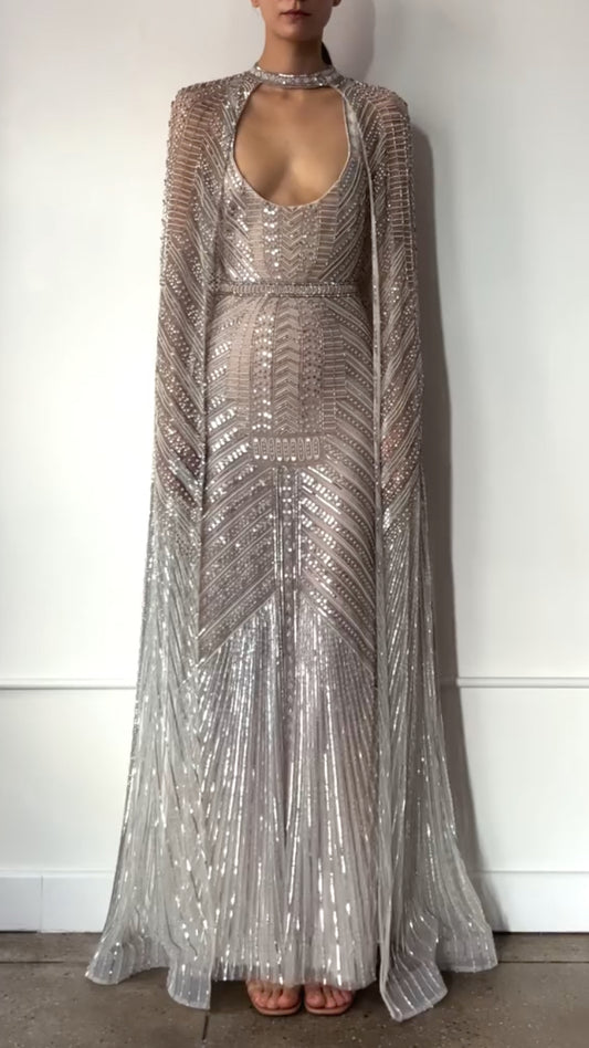 Silver Geometric-Beaded Keyhole Cape Gown