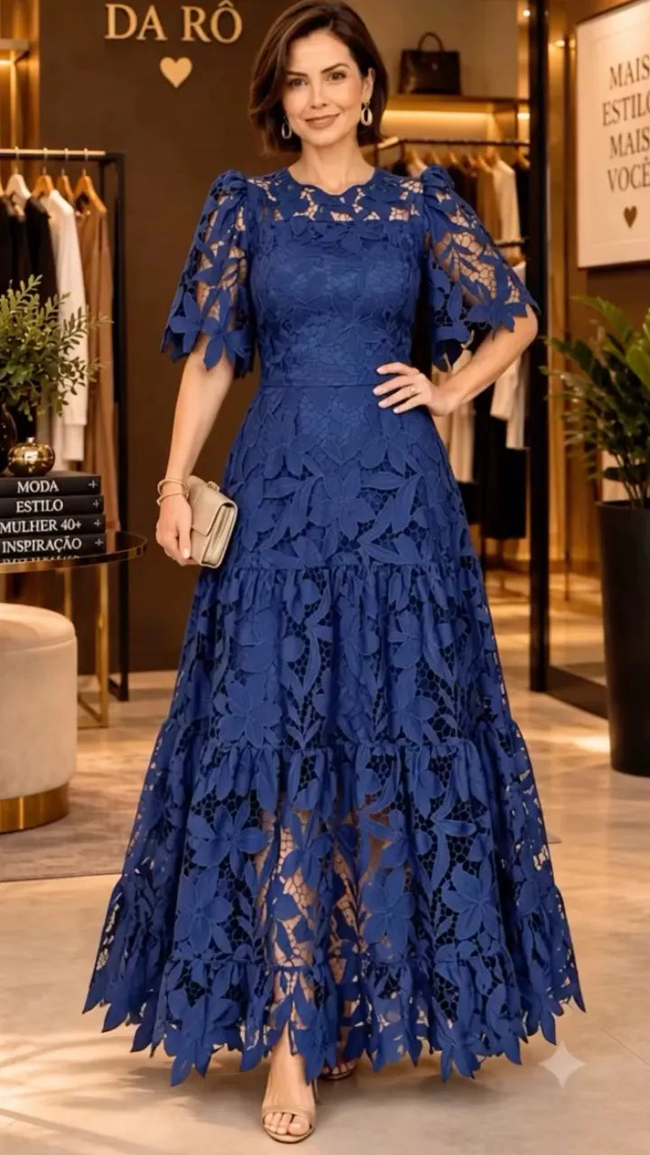 Royal Blue Botanical-Lace Tiered Maxi Dress