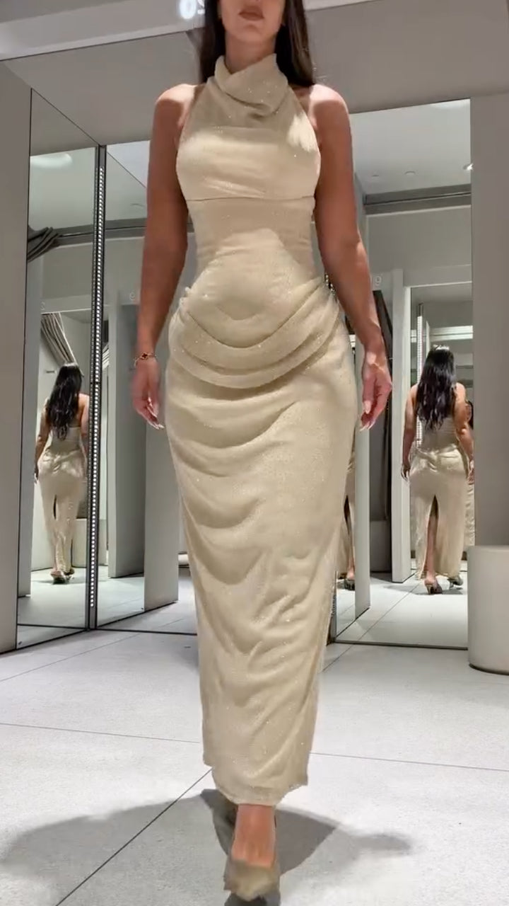 Champagne Draped Halter-Neck Ruched Maxi Dress