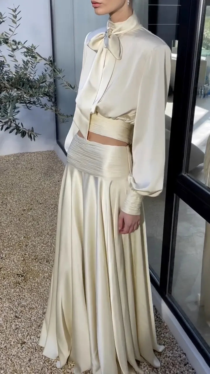 Satin Tie-Neck Blouse & Flowing Maxi Skirt Set
