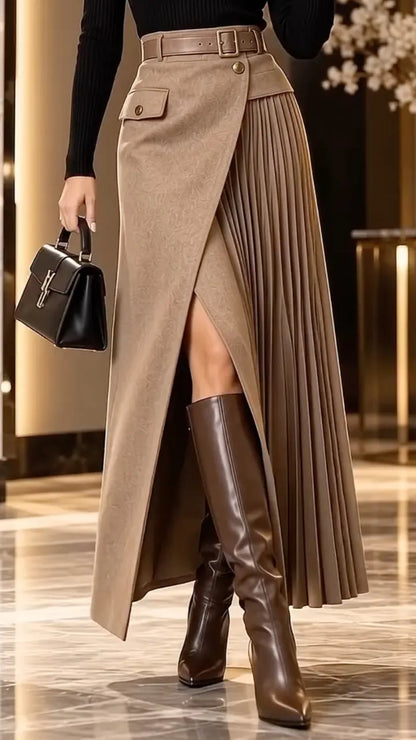 Taupe Belted Wrap-Panel Pleated Midi Skirt