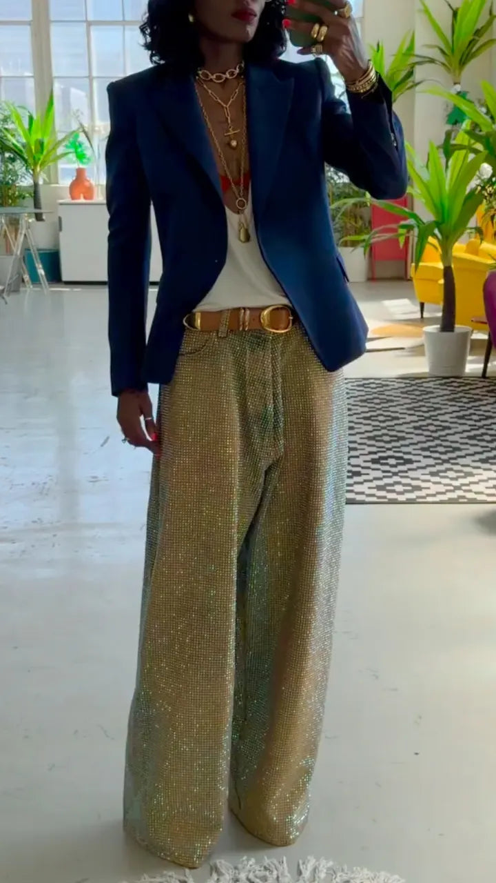 Gold Shimmer High-Waisted Wide-Leg Pants