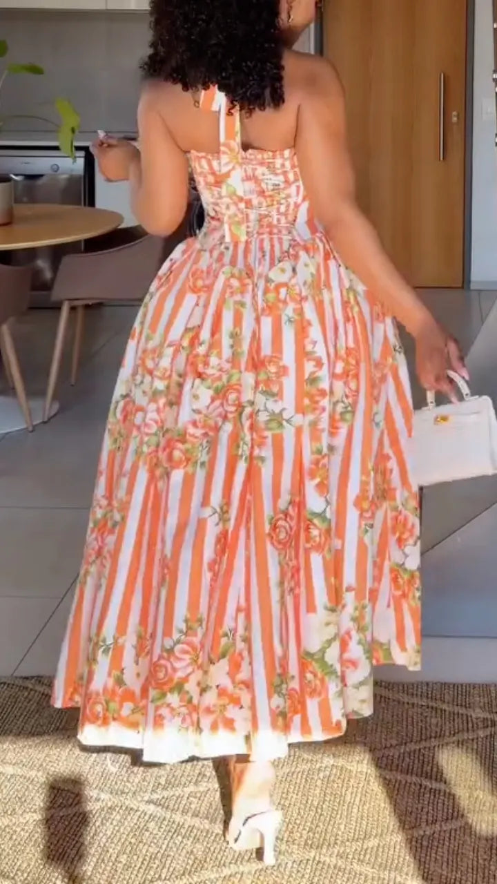 Vestido Longo Frente Única Floral Listrado