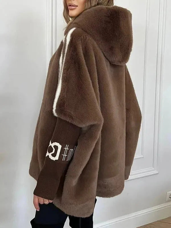 Brown Plush Hooded Cape Jacket with Knit Cuffs